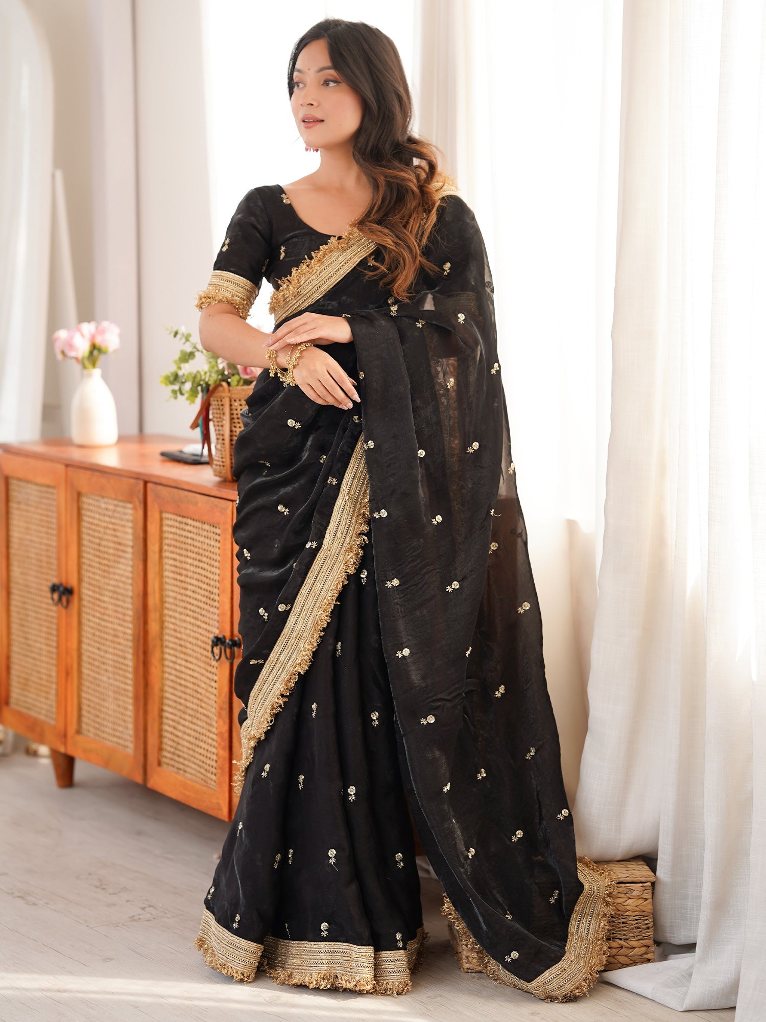 Black Embroidered Organza Saree with Heavy Zari Border - Ressa