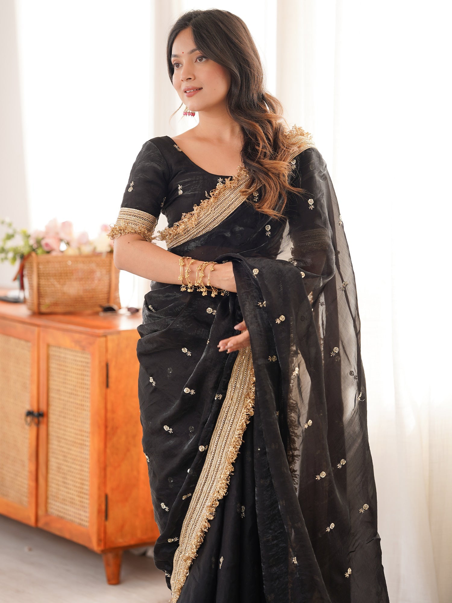 Black Embroidered Organza Saree with Heavy Zari Border - Ressa