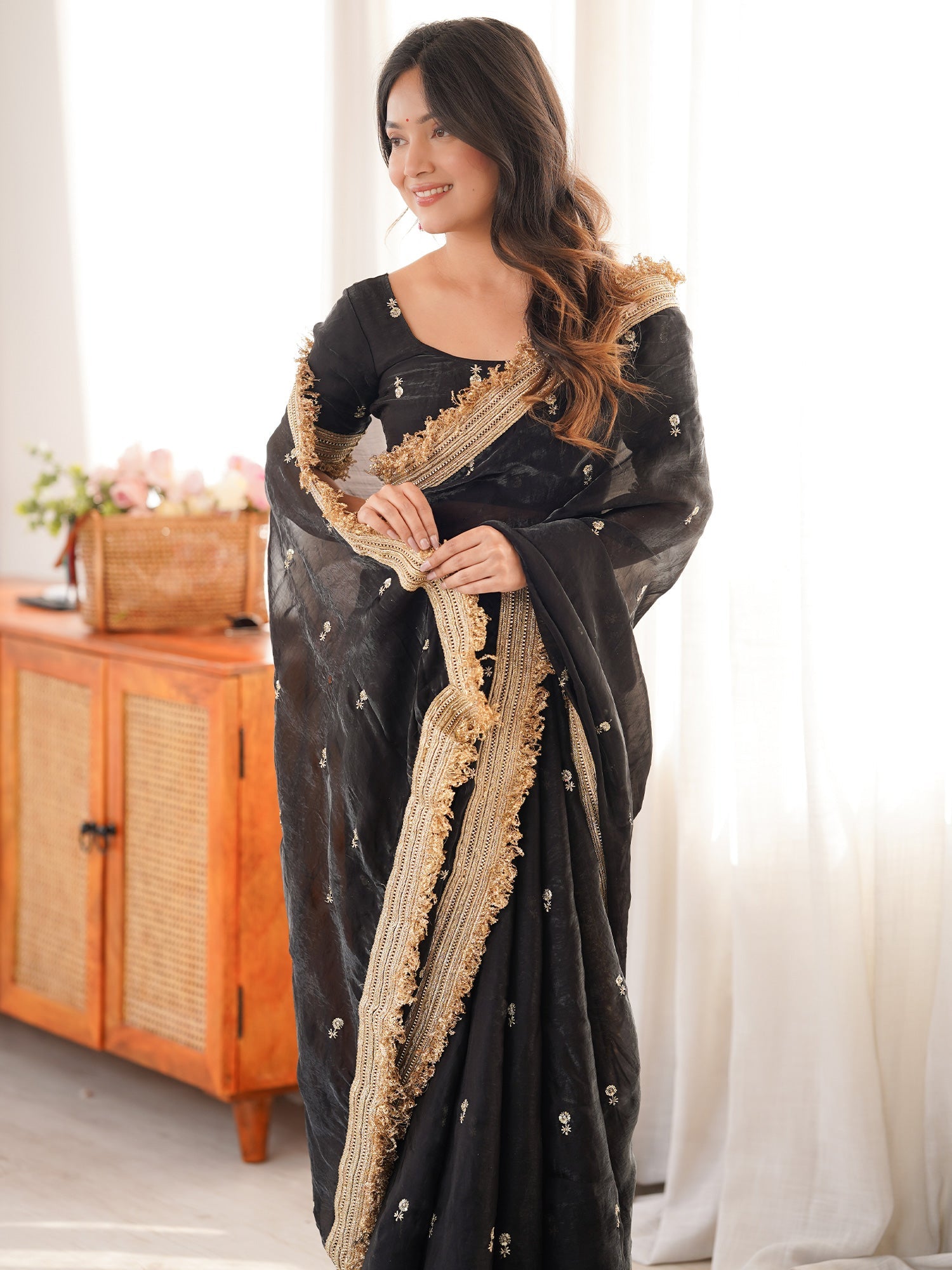 Black Embroidered Organza Saree with Heavy Zari Border - Ressa