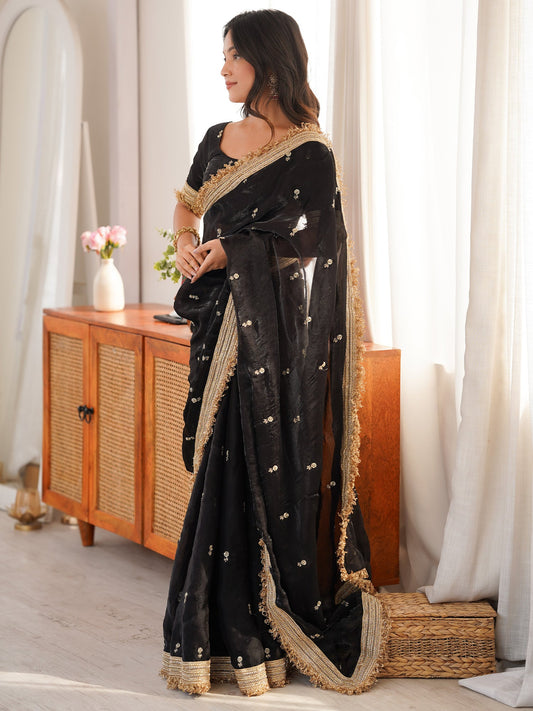 Black Embroidered Organza Saree with Heavy Zari Border - Ressa