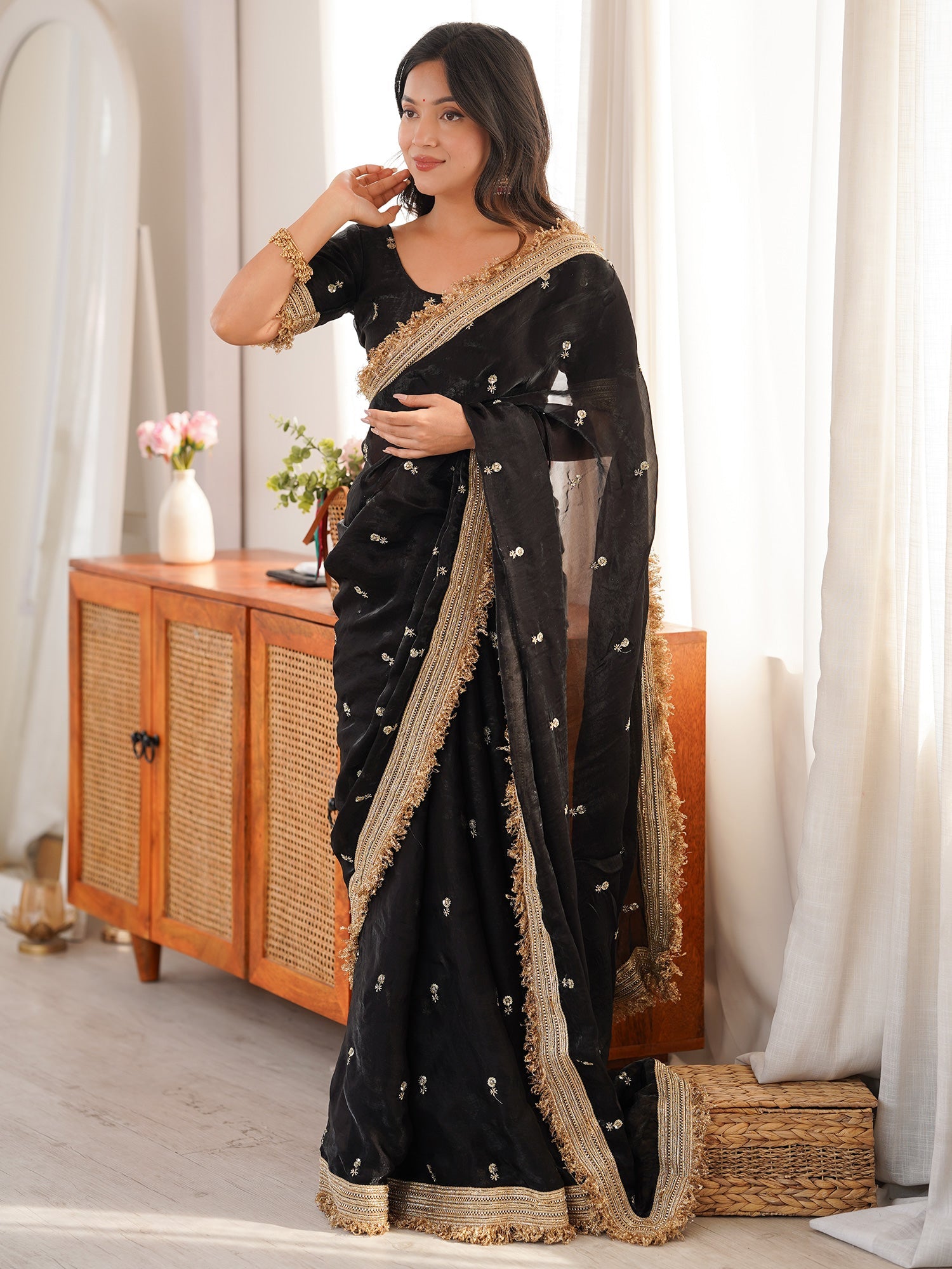 Black Embroidered Organza Saree with Heavy Zari Border - Ressa