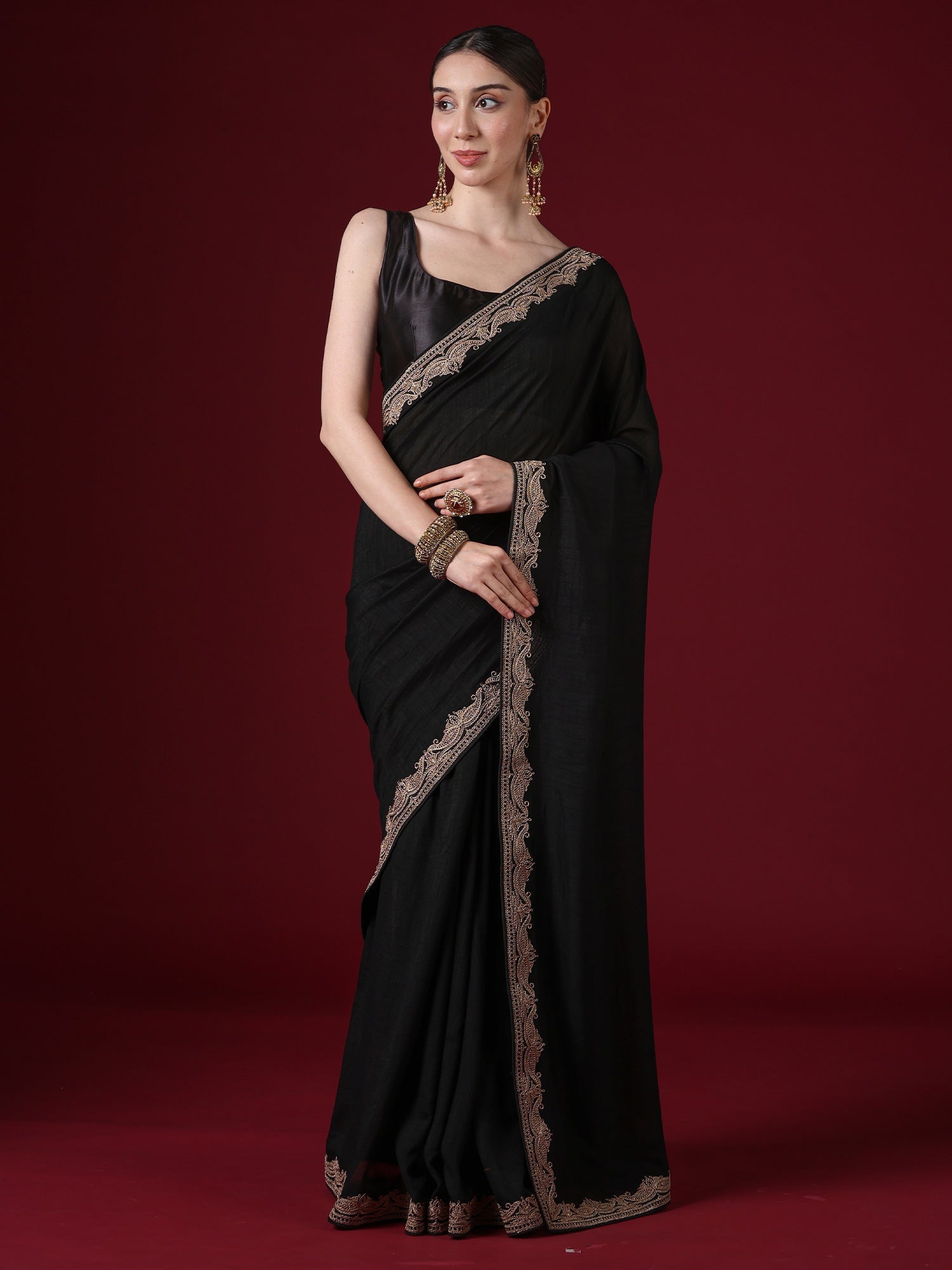 Black Embroidered Saree with Gold Zari Border | GOPI7701-RX - Ressa