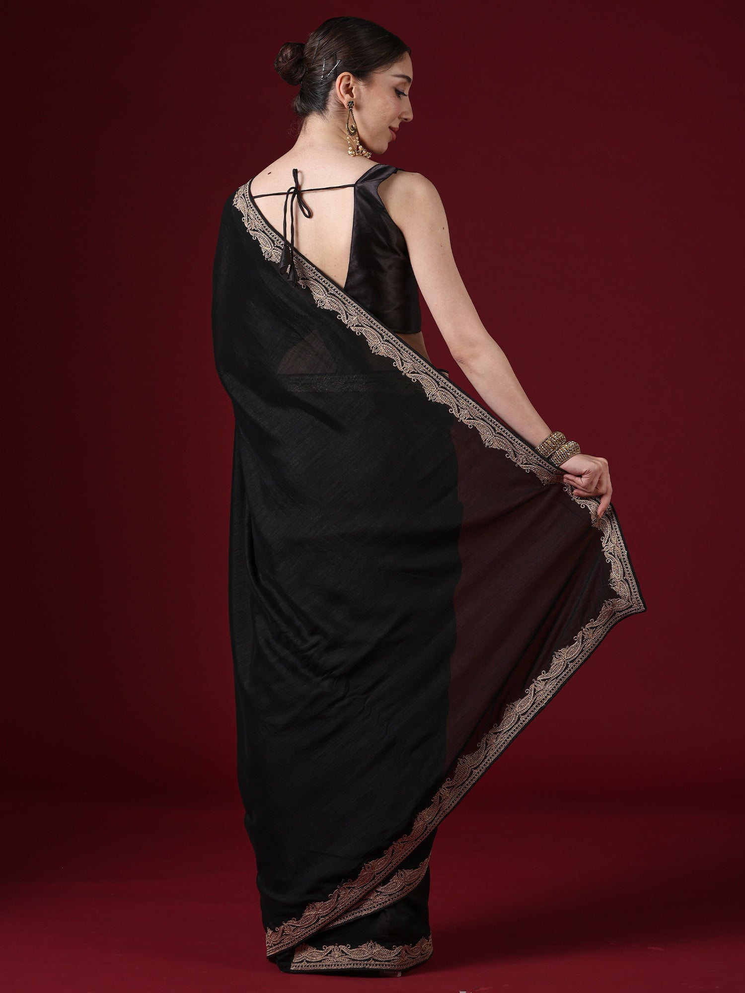 Black Embroidered Saree with Gold Zari Border | GOPI7701-RX - Ressa