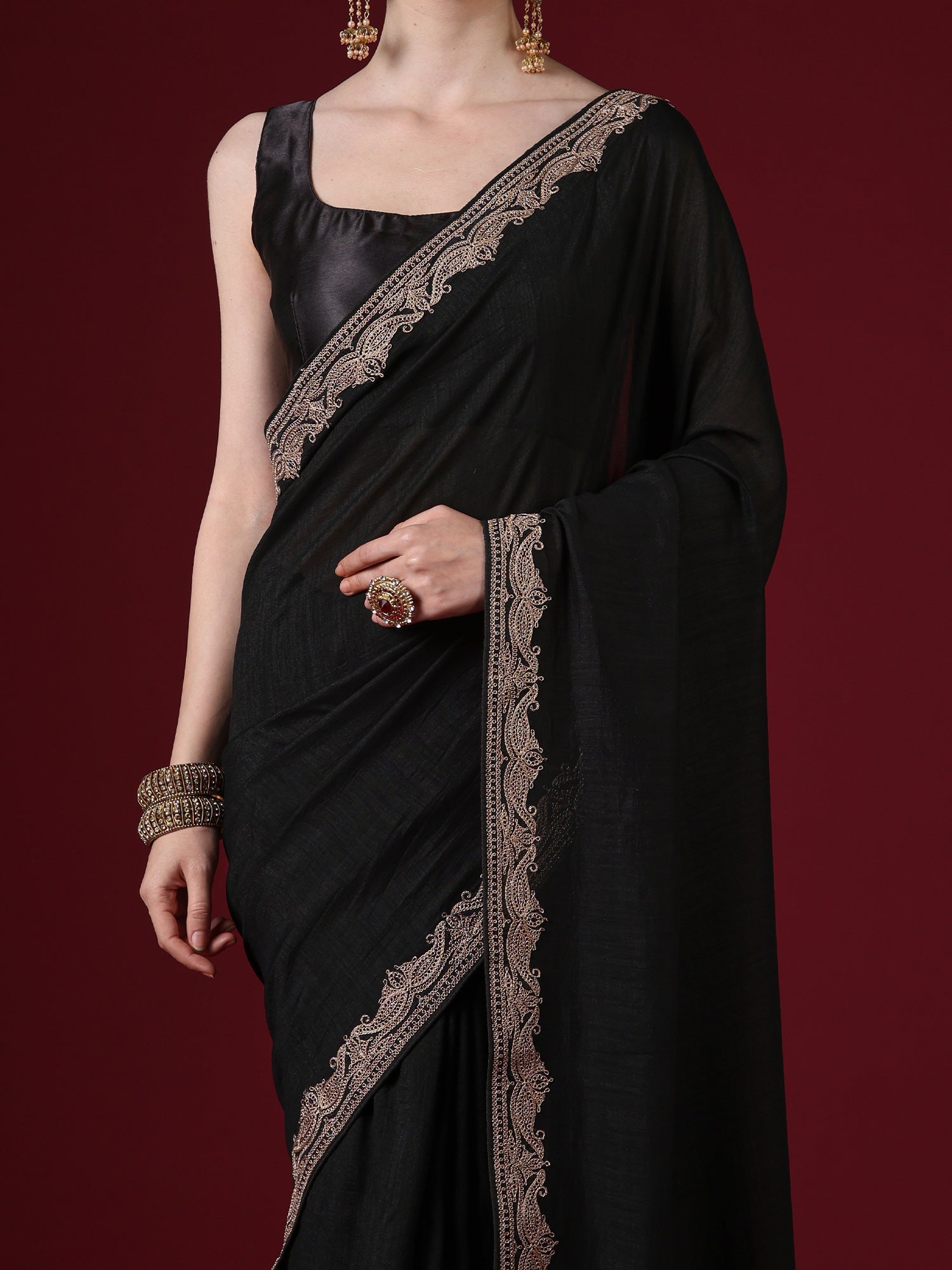 Black Embroidered Saree with Gold Zari Border | GOPI7701-RX - Ressa