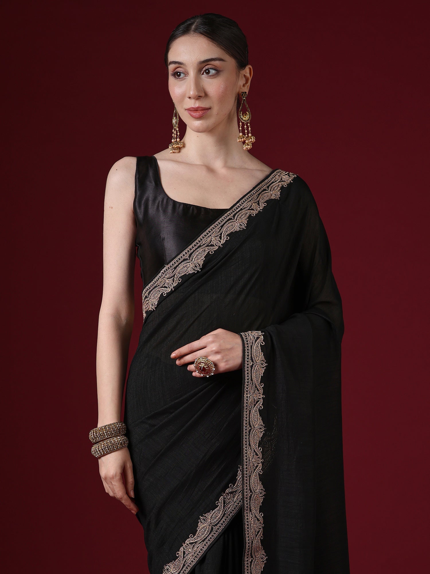 Black Embroidered Saree with Gold Zari Border | GOPI7701-RX - Ressa