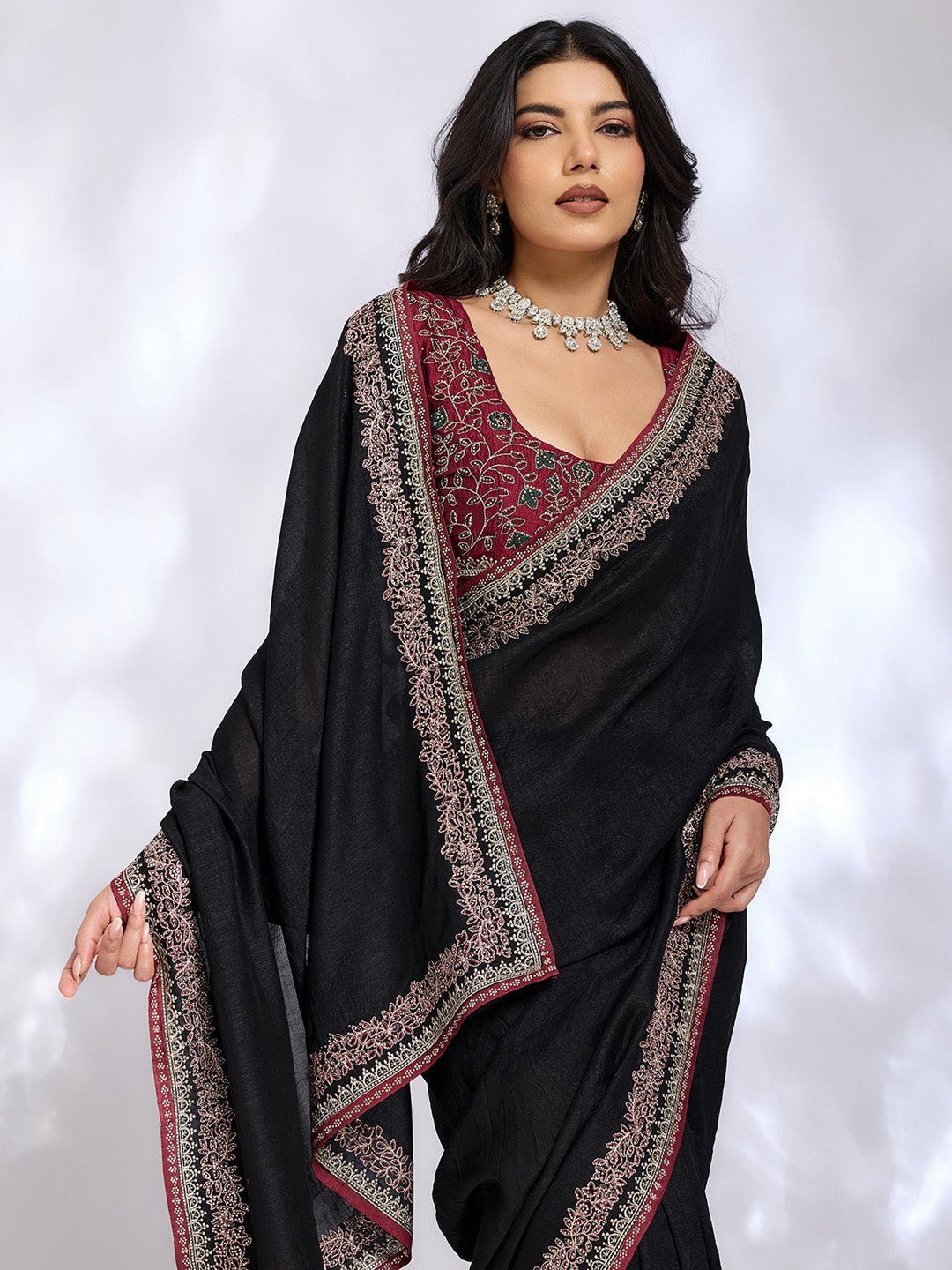 Black Embroidered Saree with Rani Blouse - Ressa
