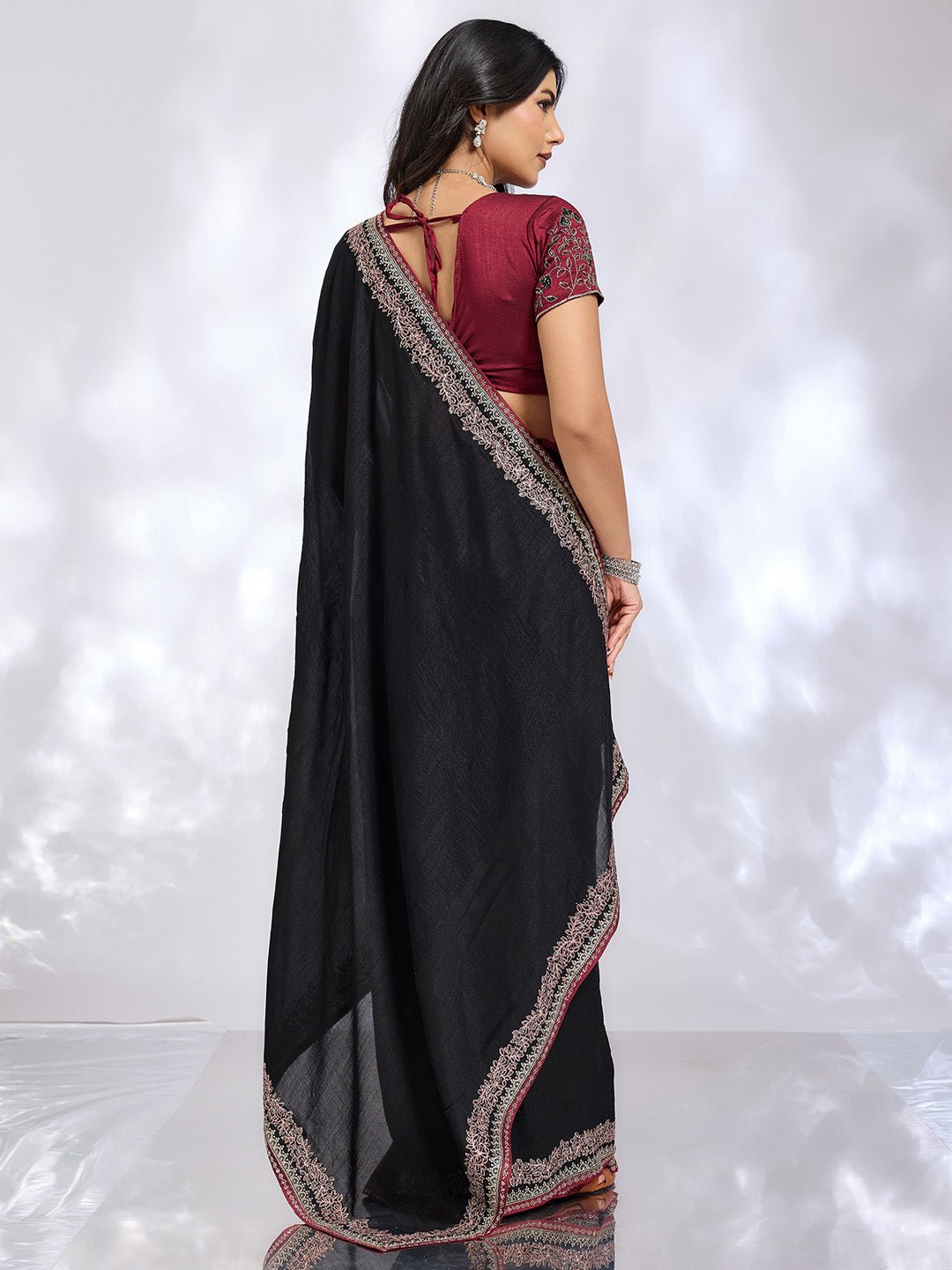 Black Embroidered Saree with Rani Blouse - Ressa