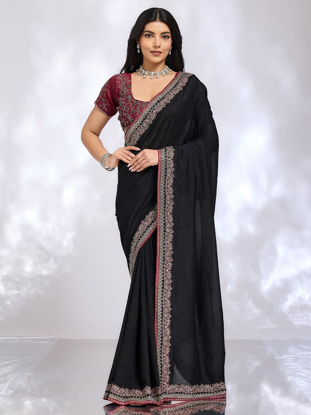 Black Embroidered Saree with Rani Blouse - Ressa