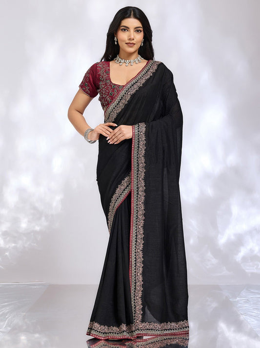 Black Embroidered Saree with Rani Blouse - Ressa