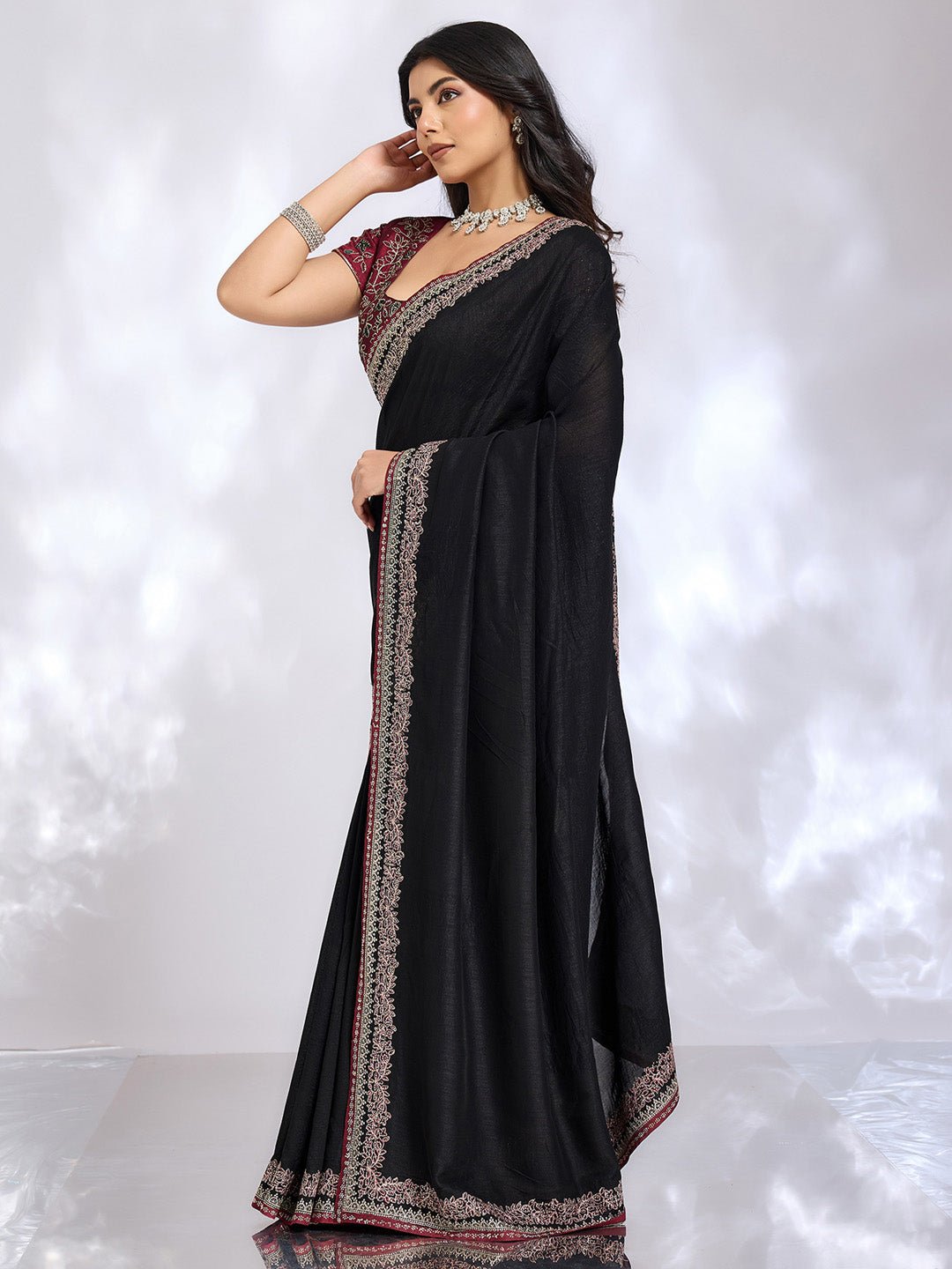 Black Embroidered Saree with Rani Blouse - Ressa