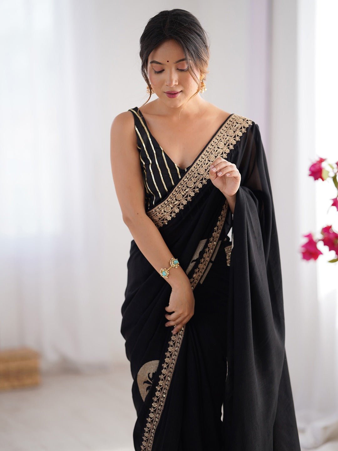 Black Embroidered Silk Saree - Ressa
