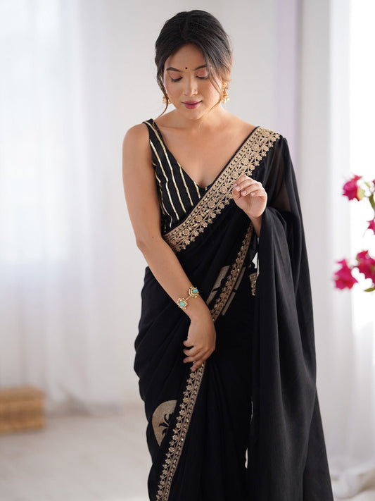 Black Embroidered Silk Saree - Ressa
