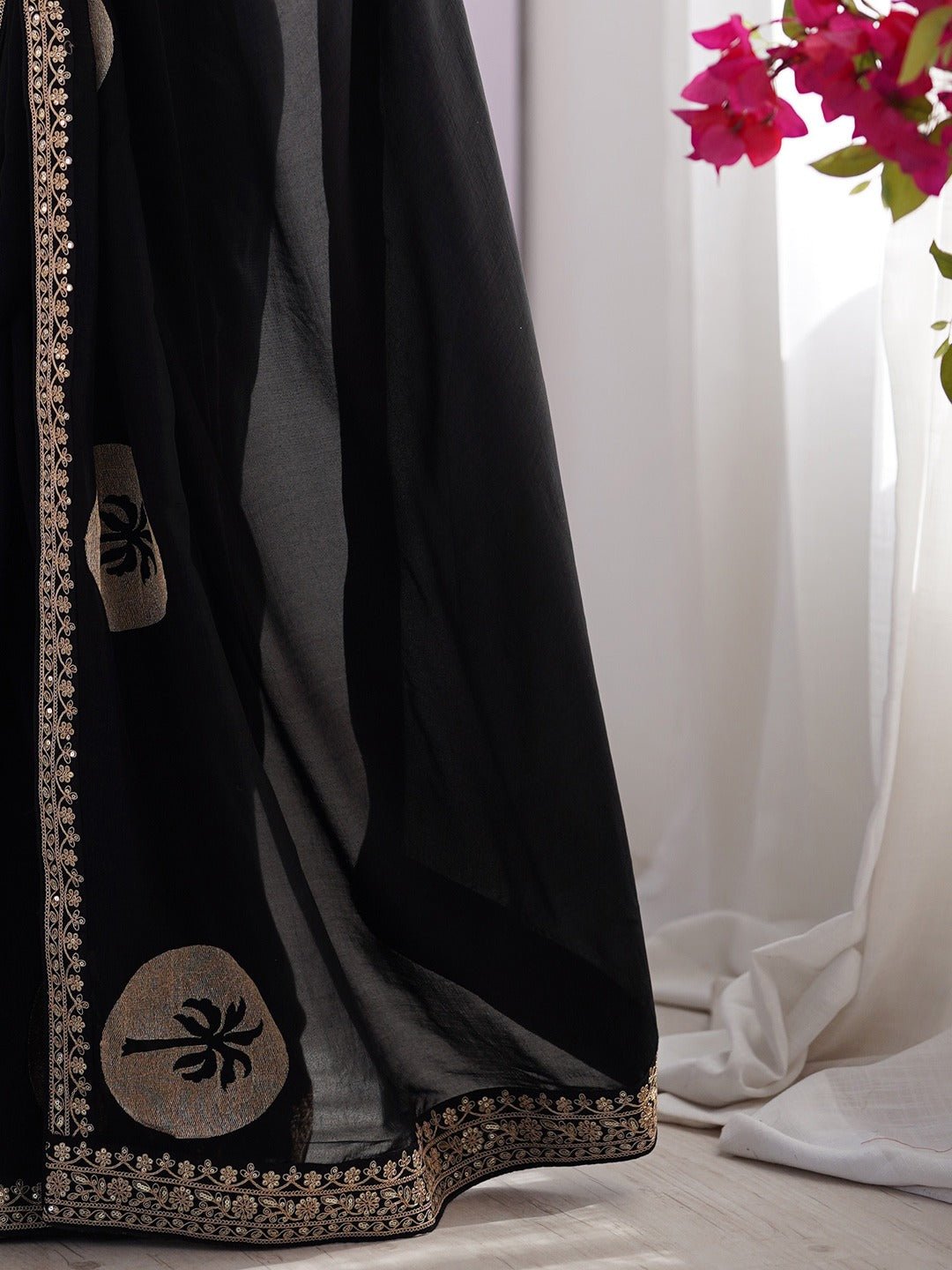 Black Embroidered Silk Saree - Ressa