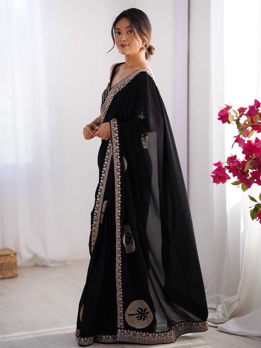 Black Embroidered Silk Saree - Ressa