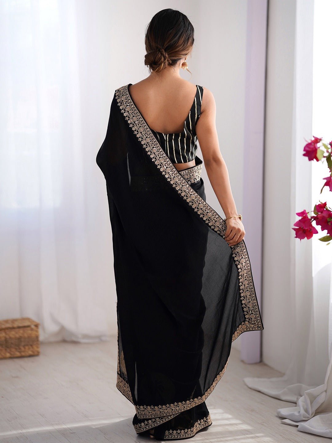 Black Embroidered Silk Saree - Ressa