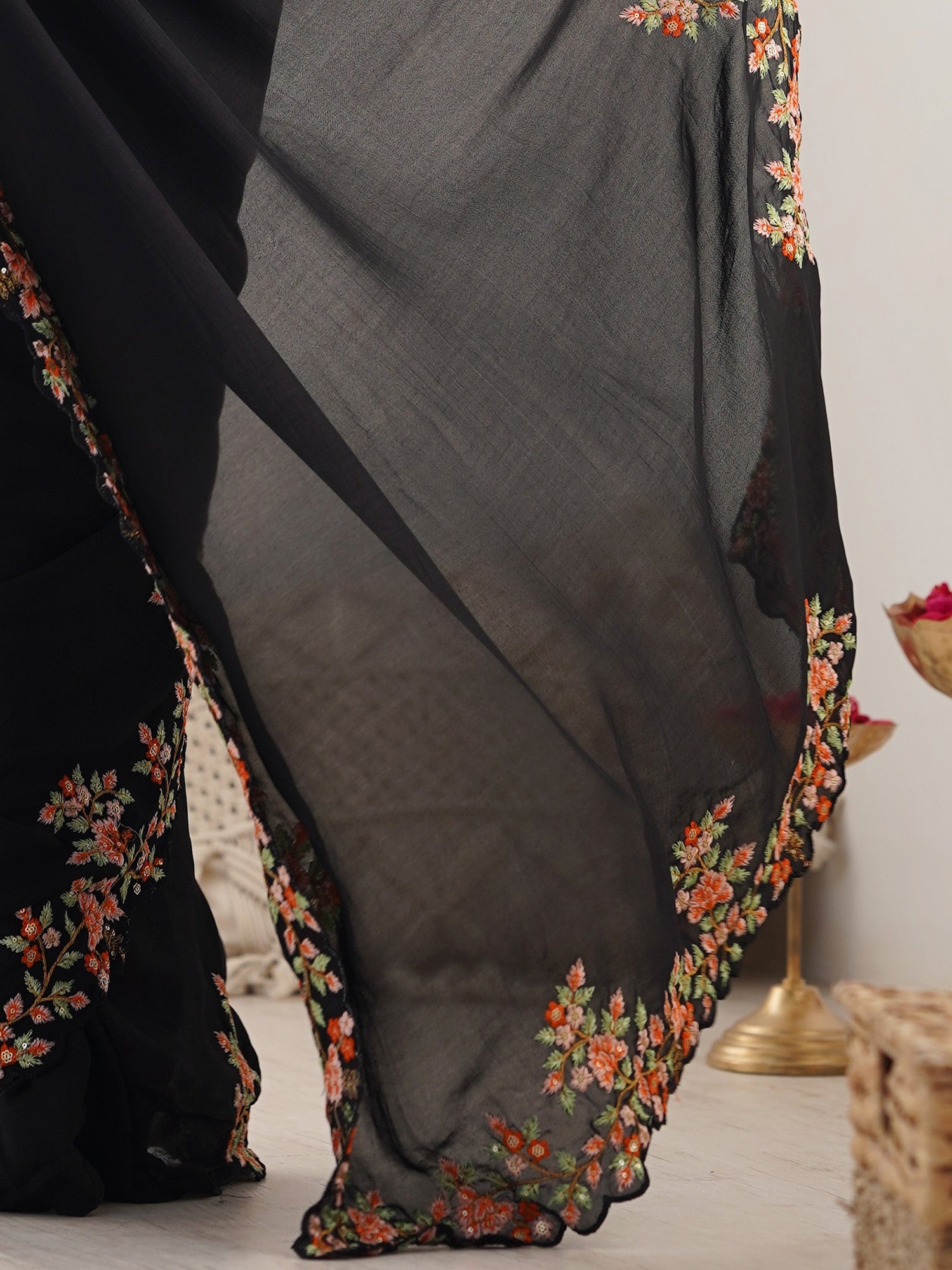 Black Floral Embroidered Vichitra Silk Saree - Ressa