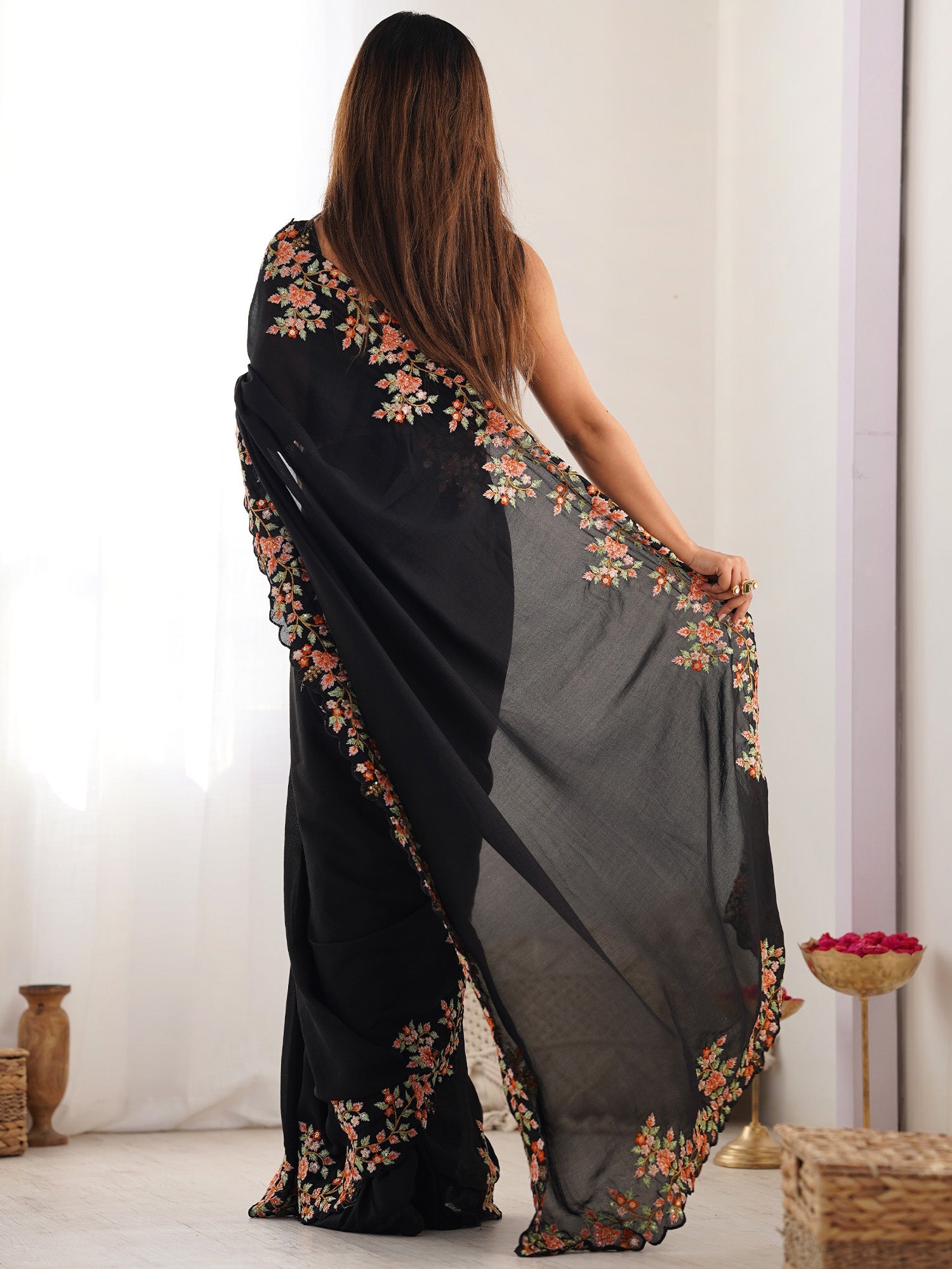 Black Floral Embroidered Vichitra Silk Saree - Ressa