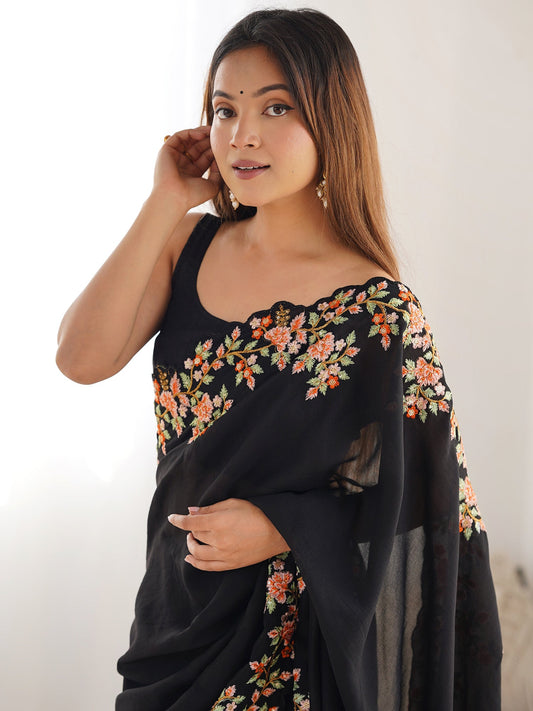 Black Floral Embroidered Vichitra Silk Saree - Ressa