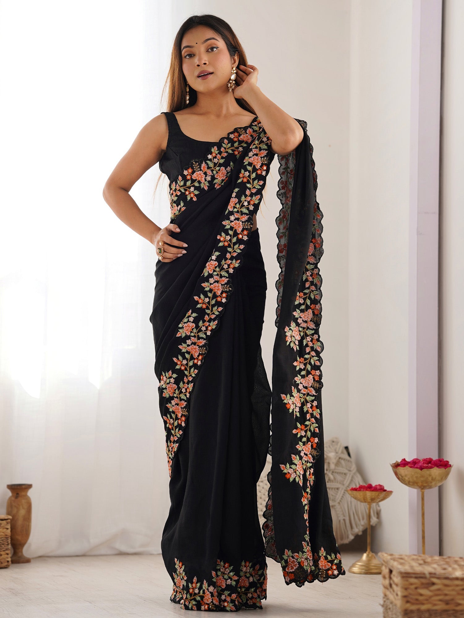 Black Floral Embroidered Vichitra Silk Saree - Ressa