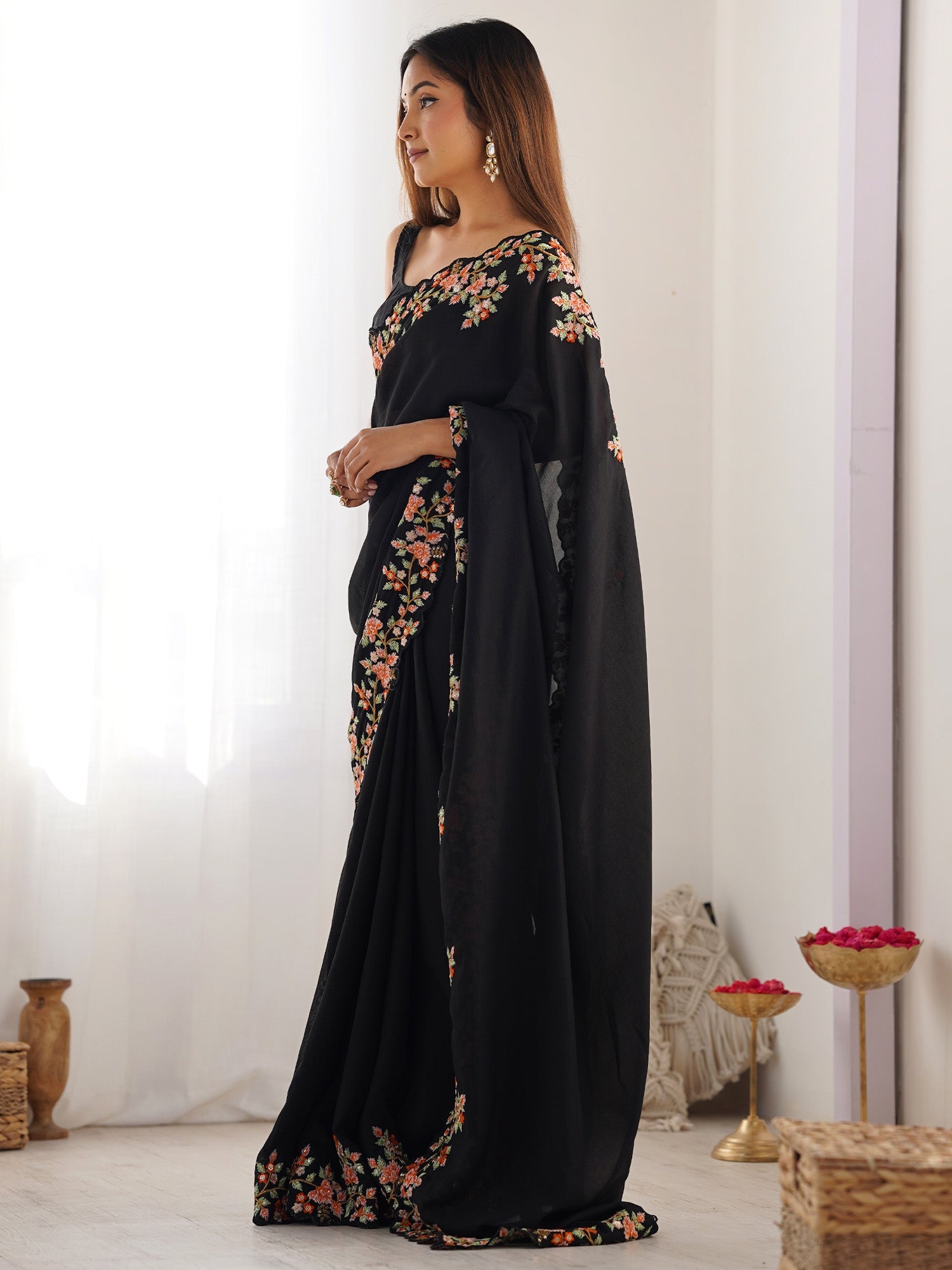 Black Floral Embroidered Vichitra Silk Saree - Ressa