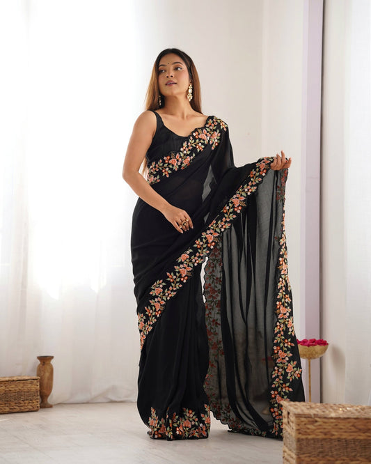 Black Floral Embroidered Vichitra Silk Saree - Ressa