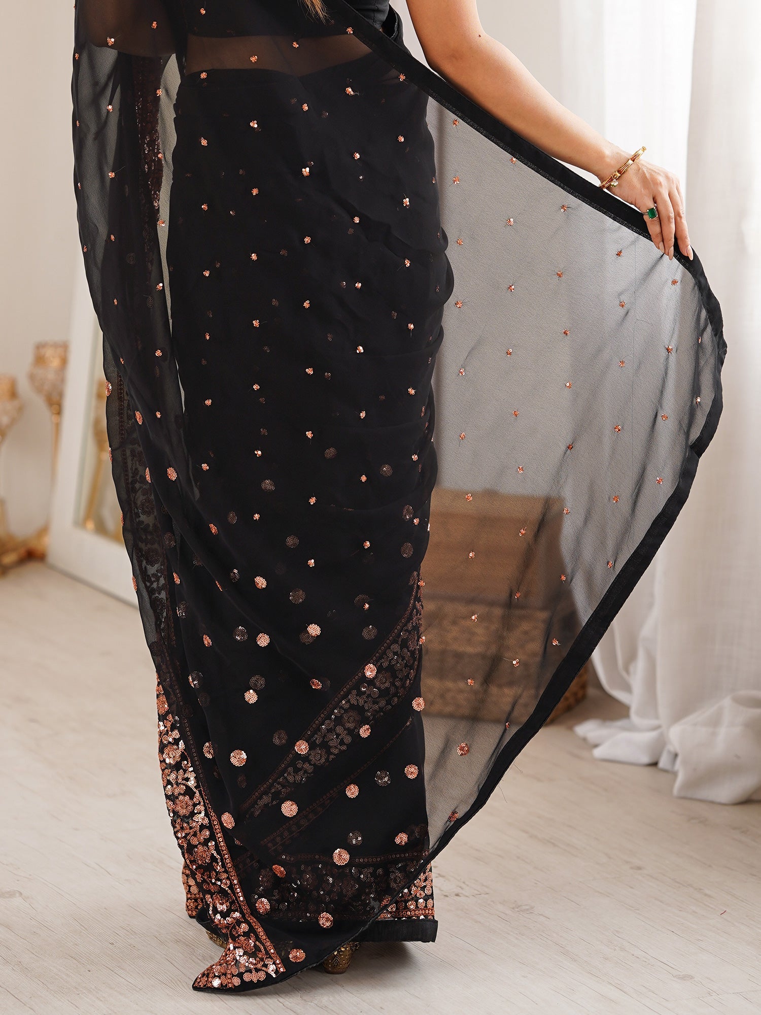 Black Georgette Copper Sequin Embroidery Saree - Ressa