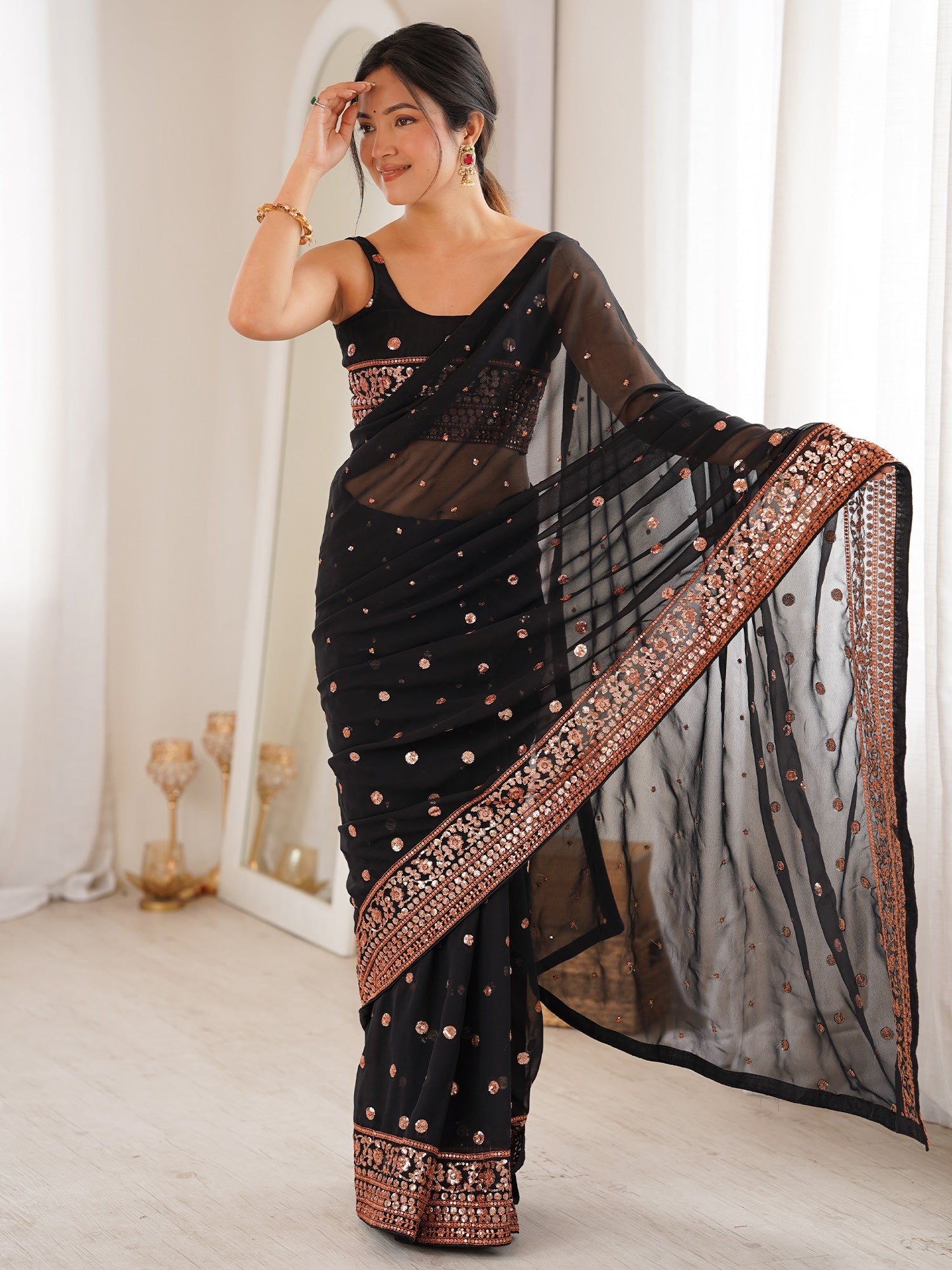 Black Georgette Copper Sequin Embroidery Saree - Ressa