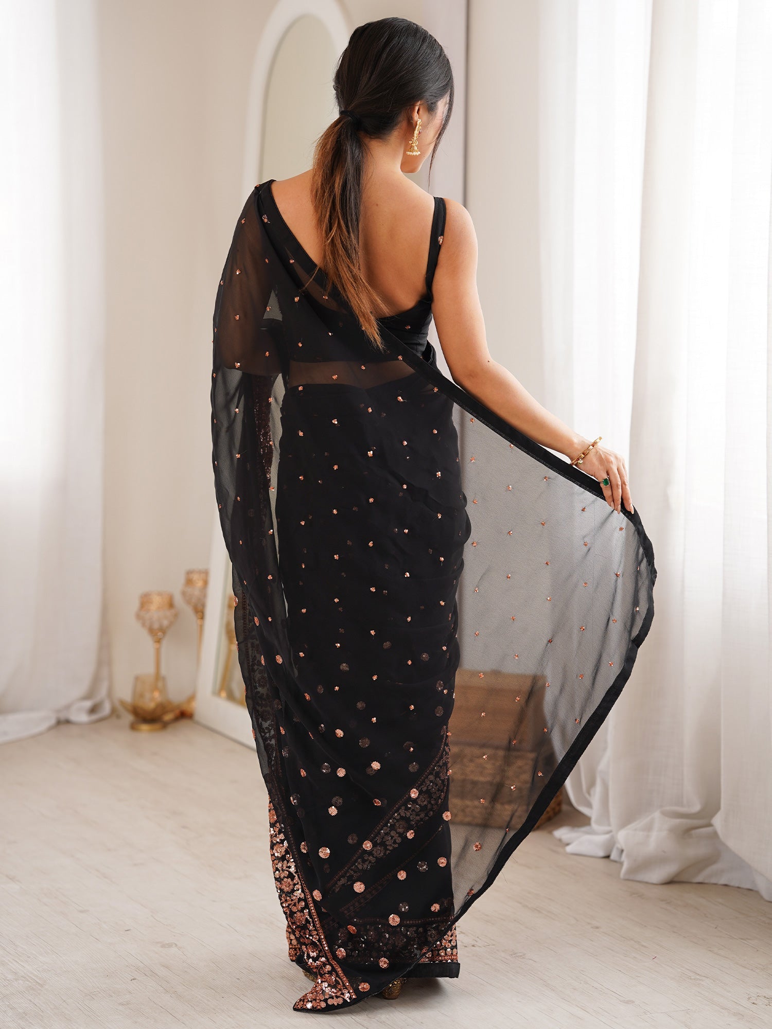 Black Georgette Copper Sequin Embroidery Saree - Ressa