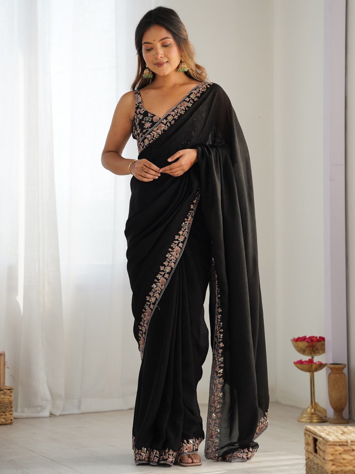 Black Georgette Embellished Saree - Ressa
