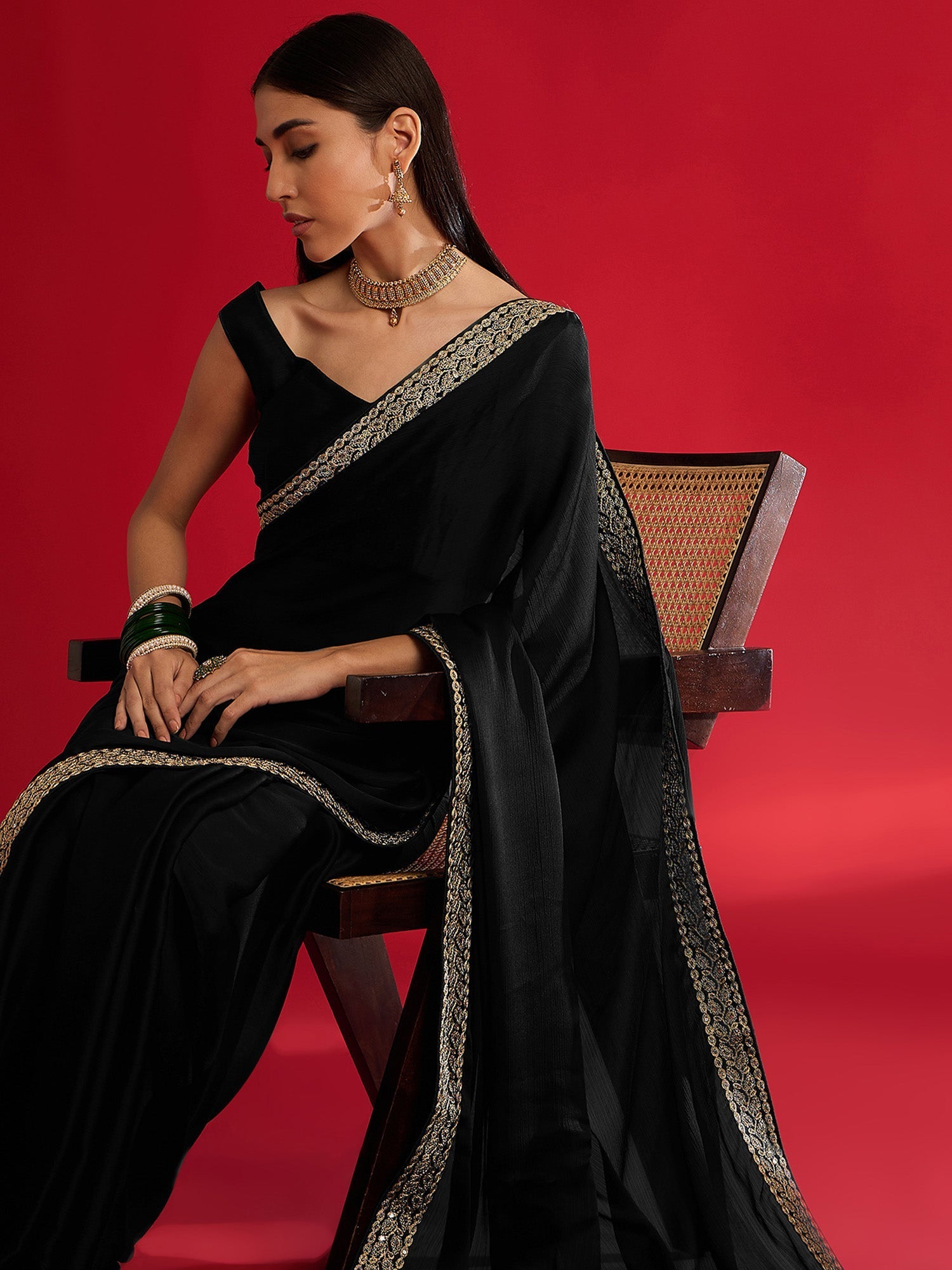 Black Georgette Embroidered Saree - Ressa