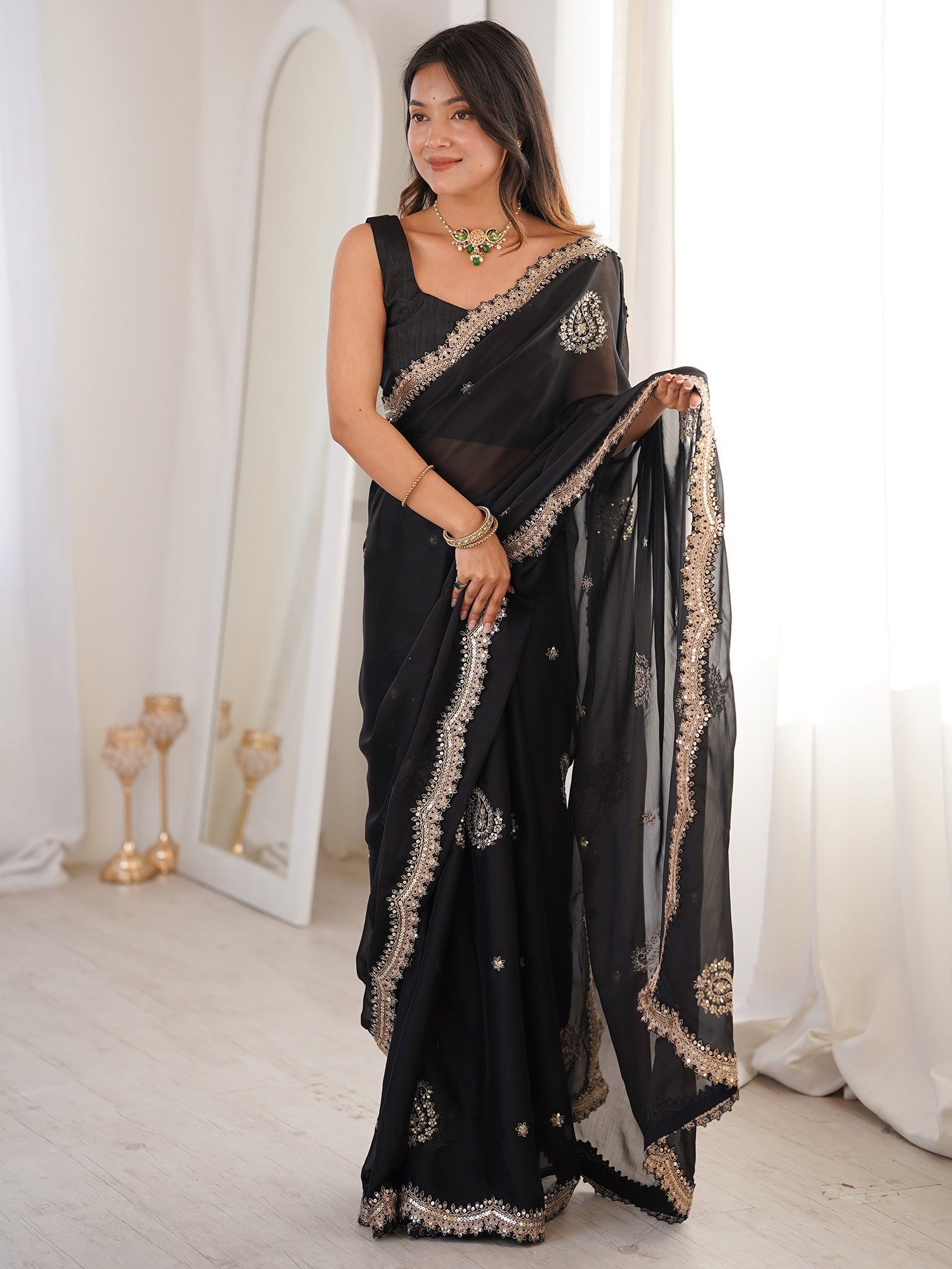 Black Georgette Embroidered Saree with Gold Zari Border - Ressa