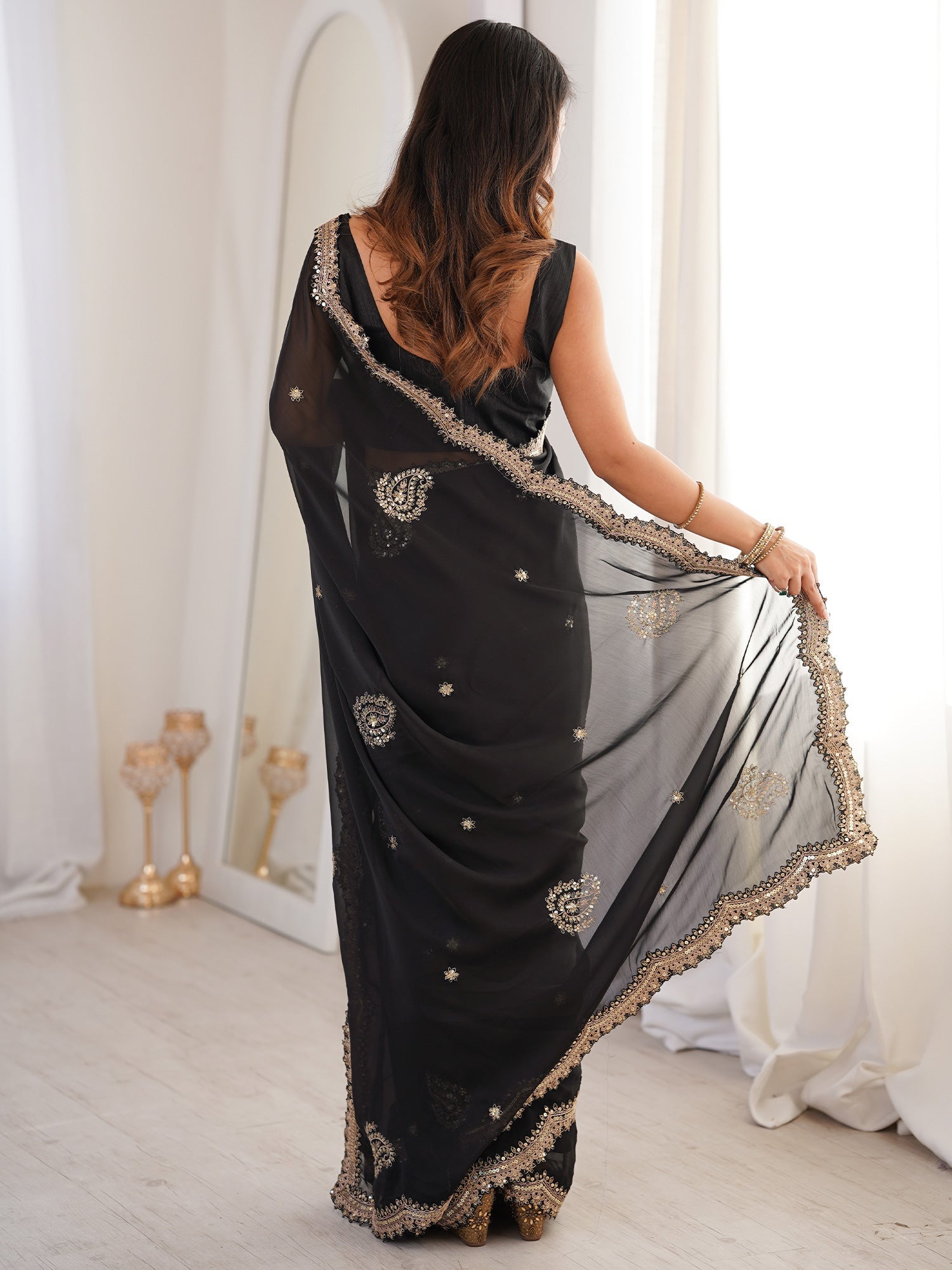 Black Georgette Embroidered Saree with Gold Zari Border - Ressa