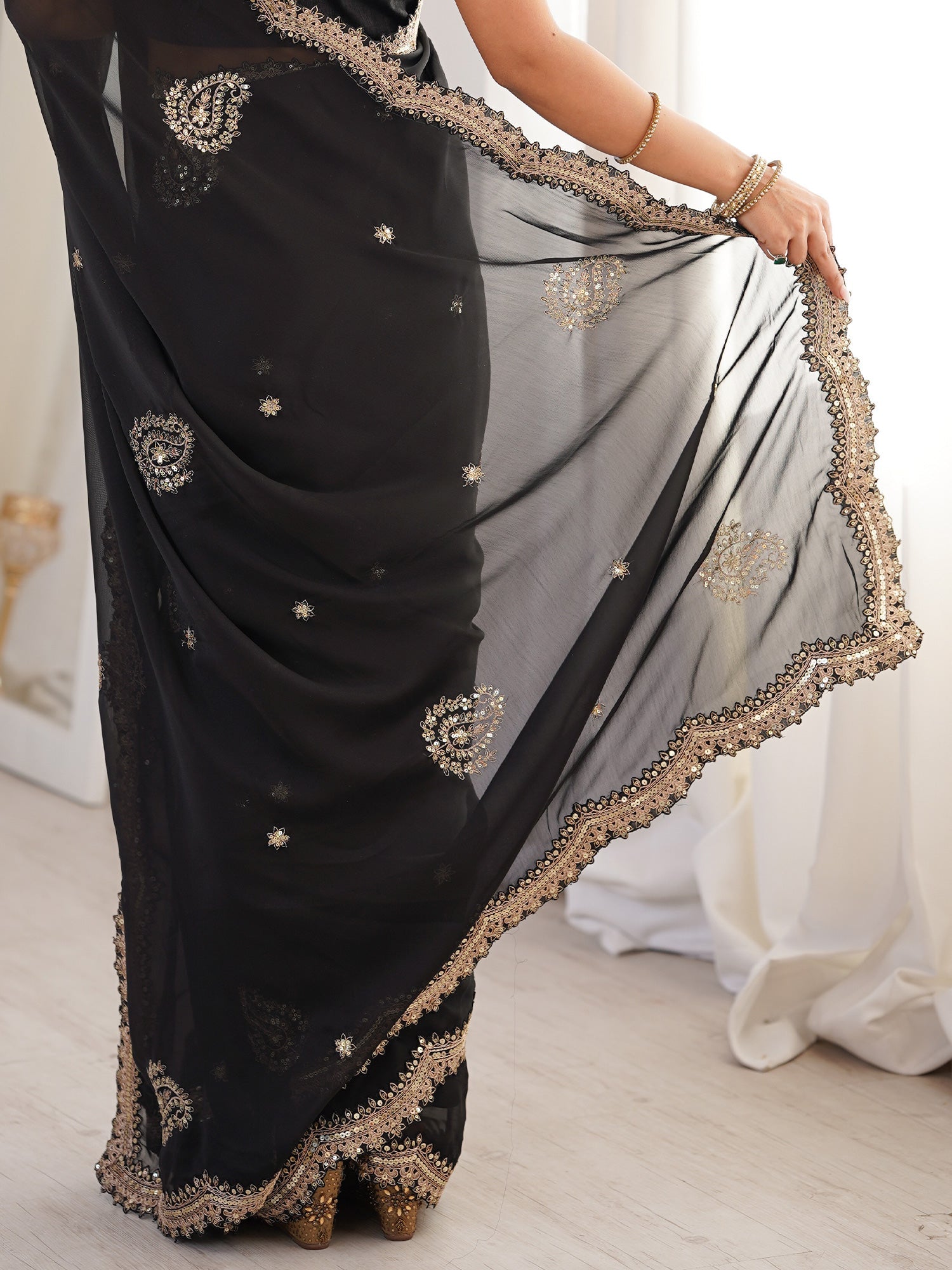 Black Georgette Embroidered Saree with Gold Zari Border - Ressa