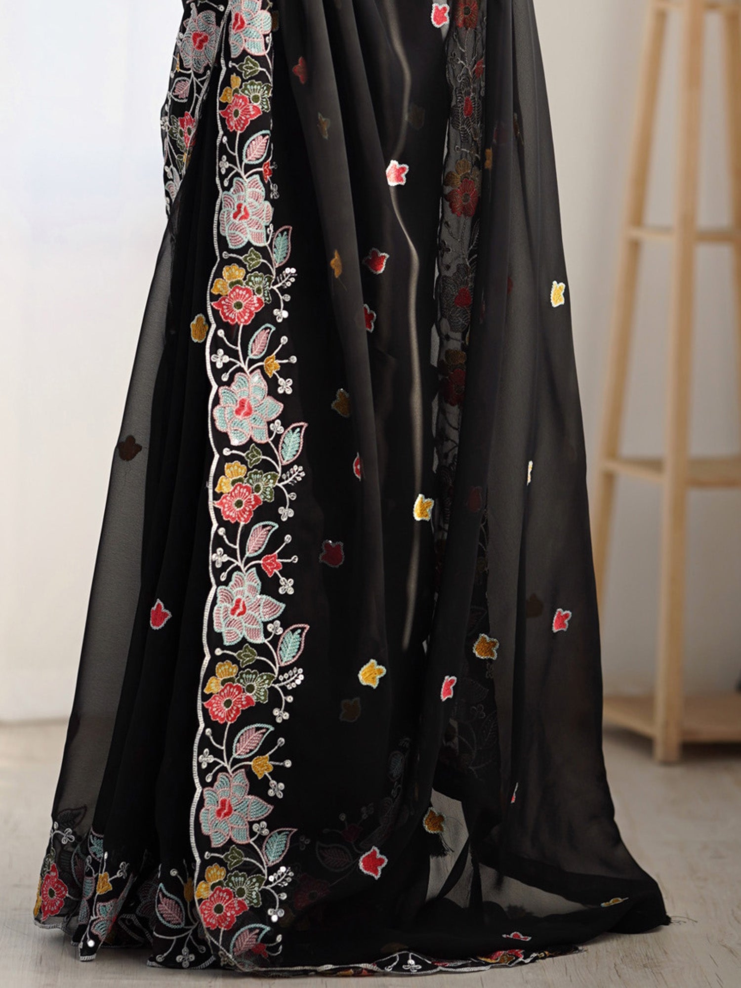 Black Georgette Hand Embroidery Saree - Ressa