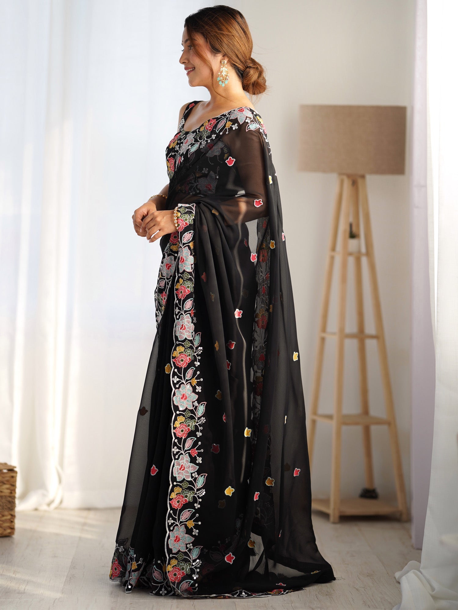 Black Georgette Hand Embroidery Saree - Ressa