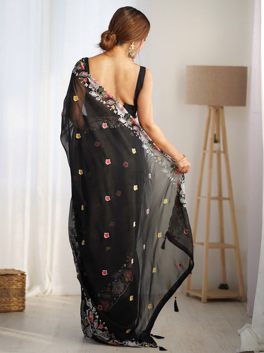 Black Georgette Hand Embroidery Saree - Ressa