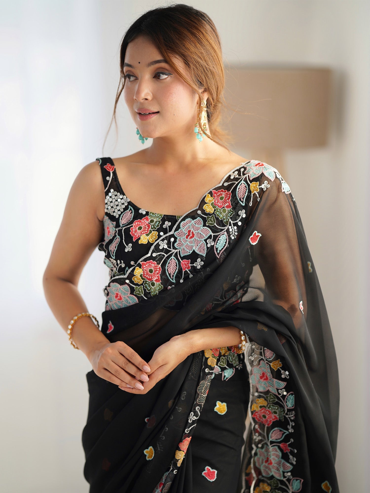 Black Georgette Hand Embroidery Saree - Ressa