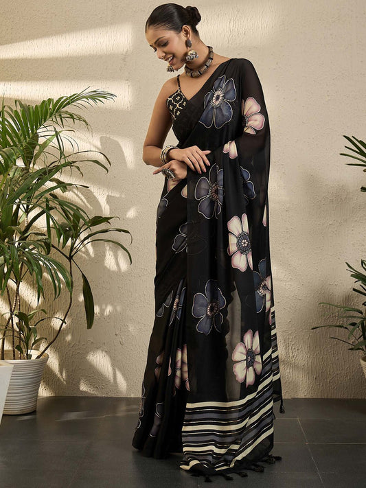 Black Georgette print saree - Ressa