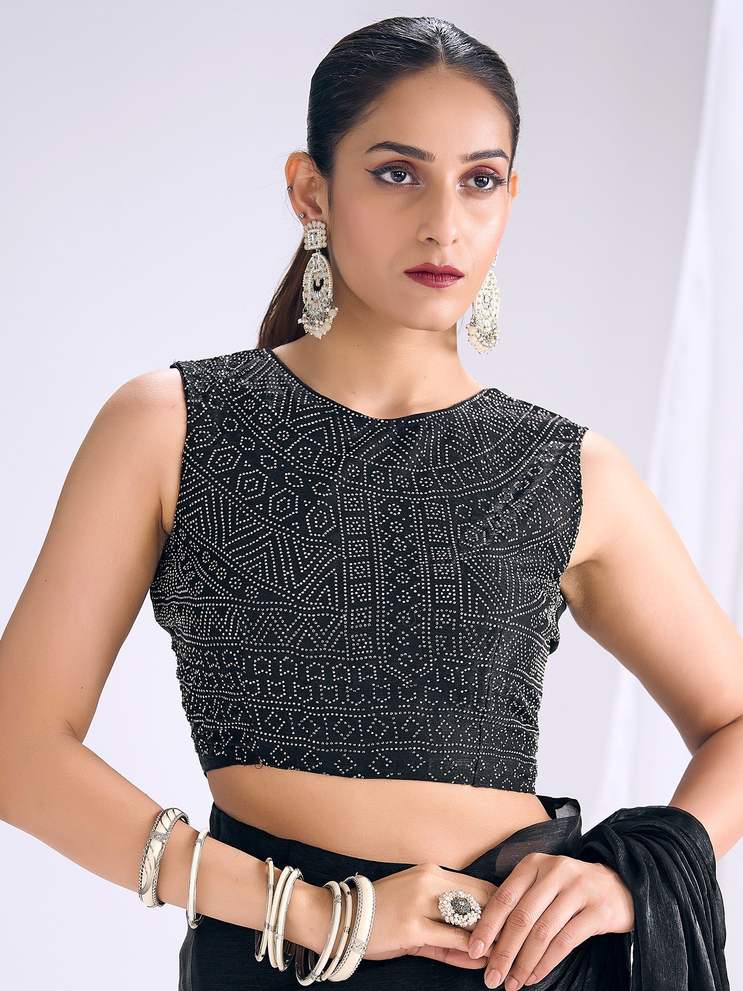 Black Georgette Saree with Bandhani Embellished Blouse - Ressa