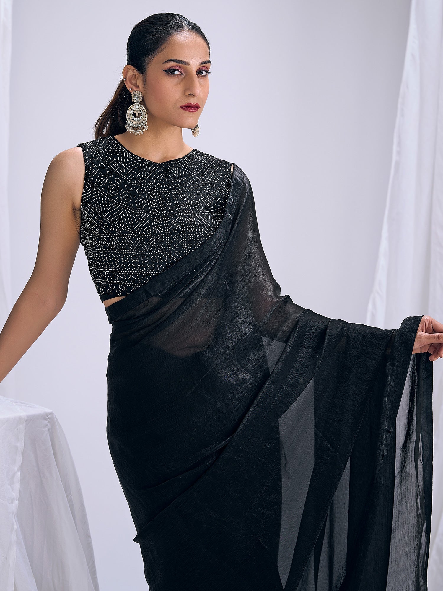 Black Georgette Saree with Bandhani Embellished Blouse - Ressa