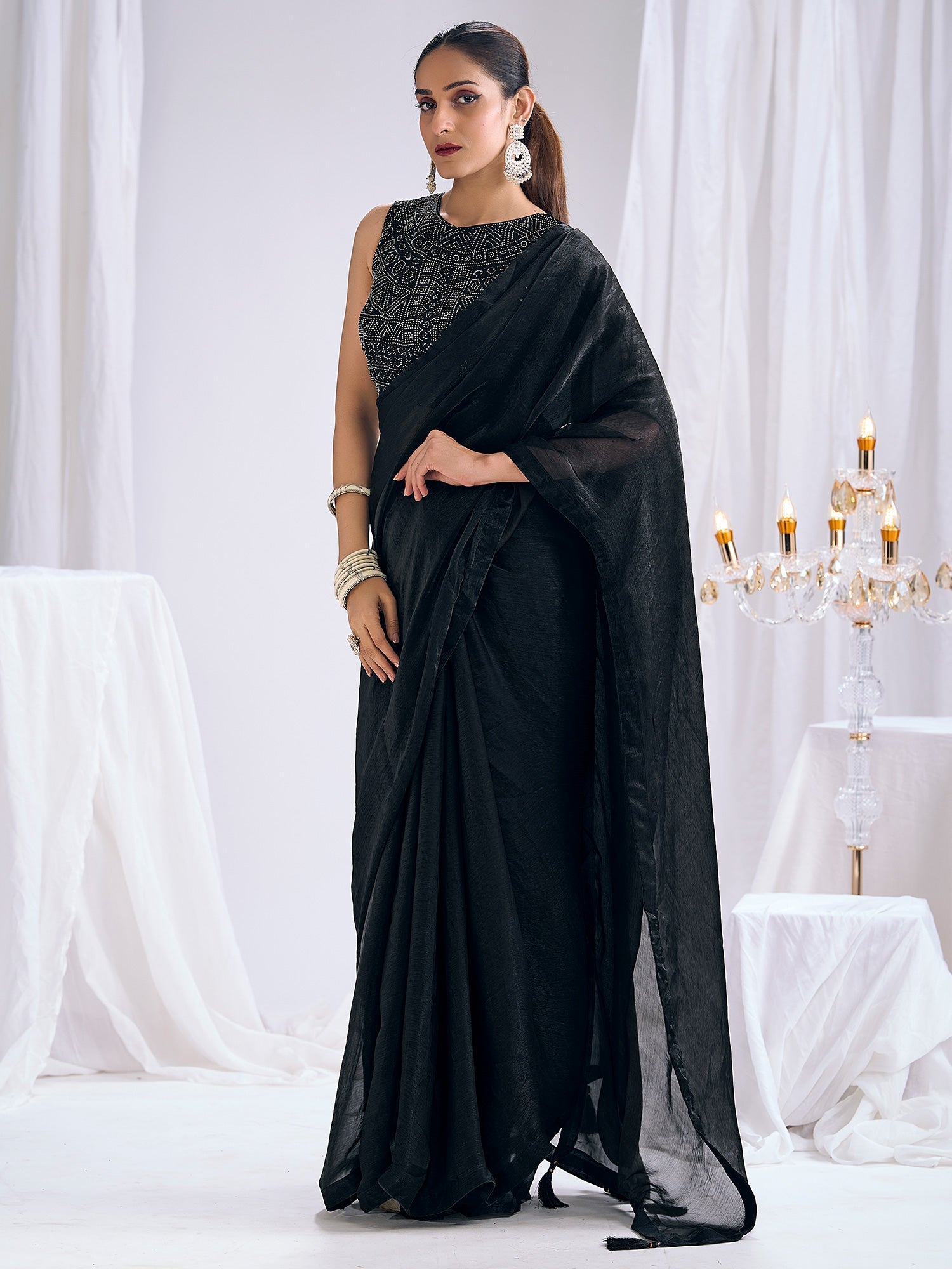 Black Georgette Saree with Bandhani Embellished Blouse - Ressa