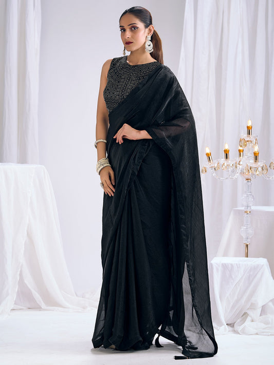 Black Georgette Saree with Bandhani Embellished Blouse - Ressa