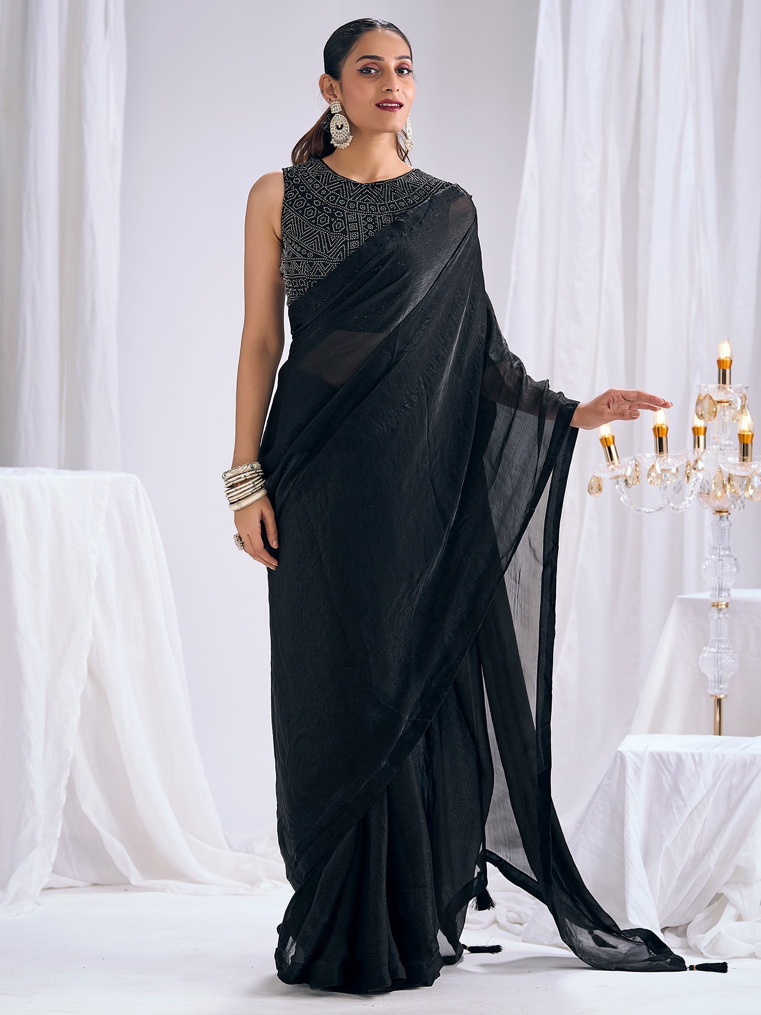 Black Georgette Saree with Bandhani Embellished Blouse - Ressa