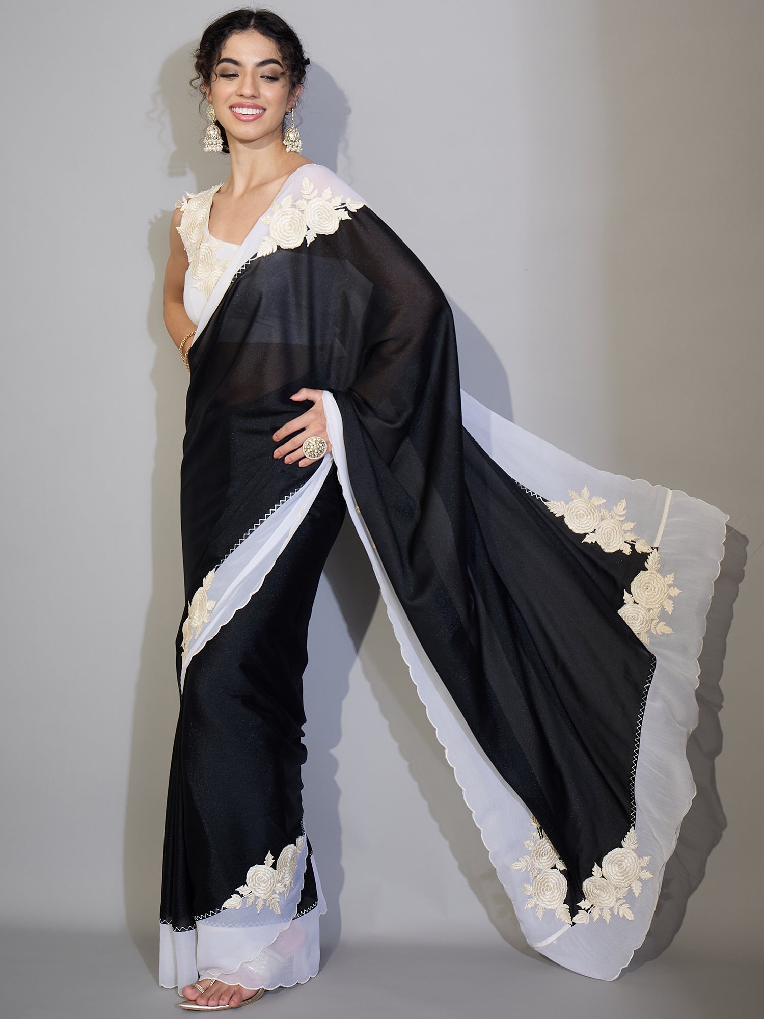 Black Georgette Saree with Contrast White Border - Ressa