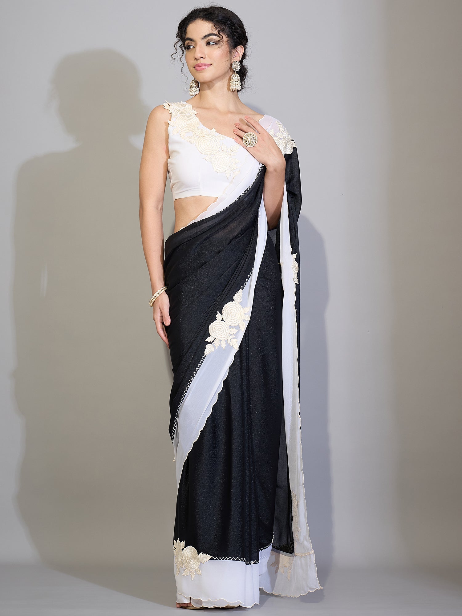 Black Georgette Saree with Contrast White Border - Ressa