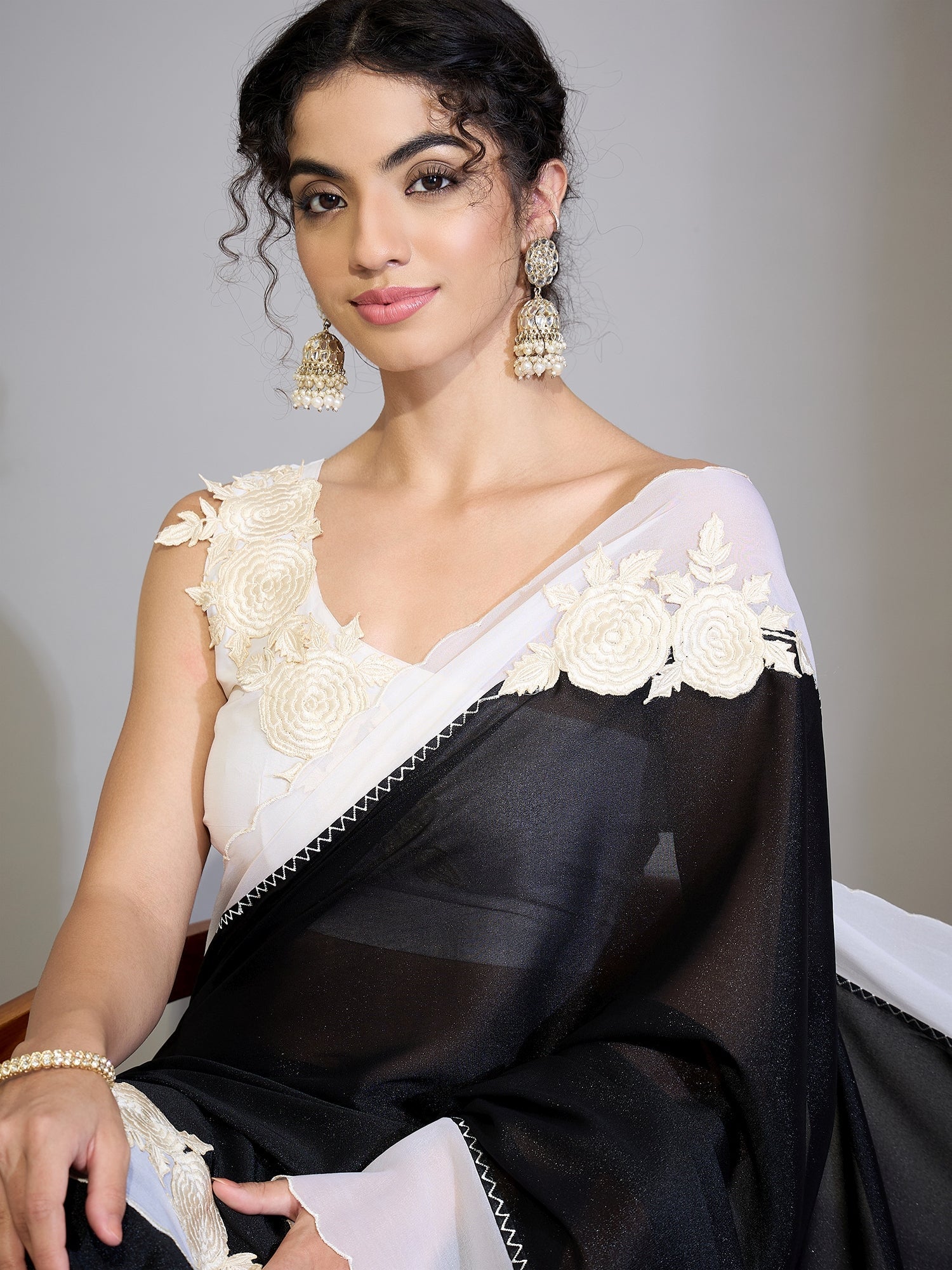 Black Georgette Saree with Contrast White Border - Ressa