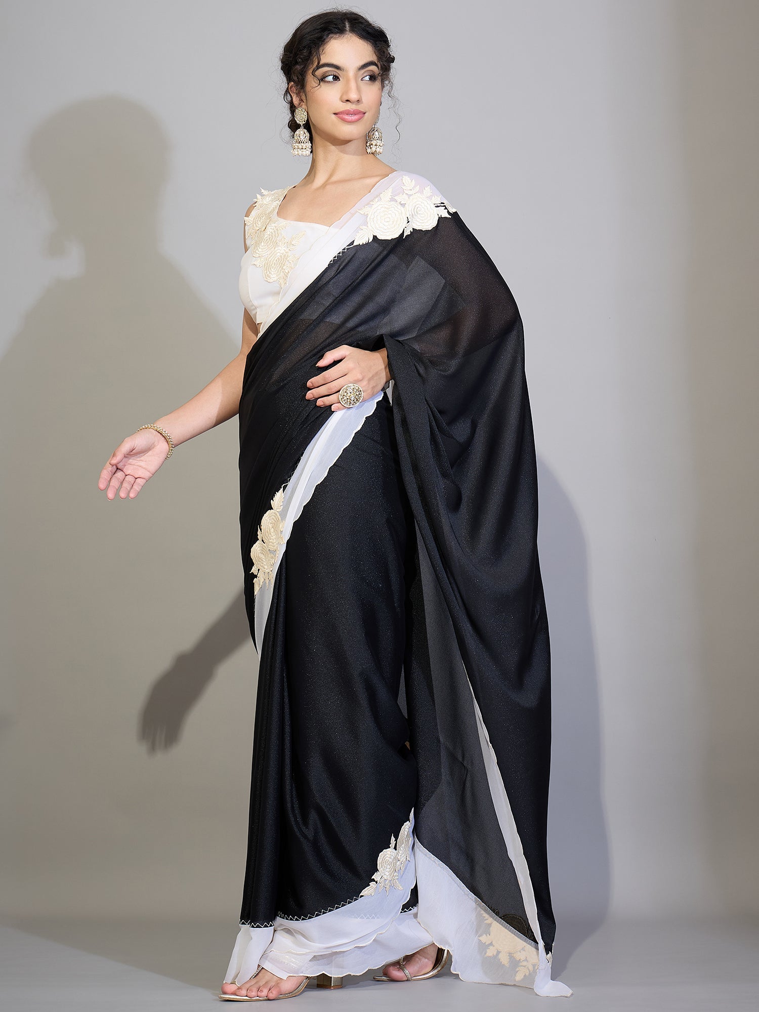 Black Georgette Saree with Contrast White Border - Ressa