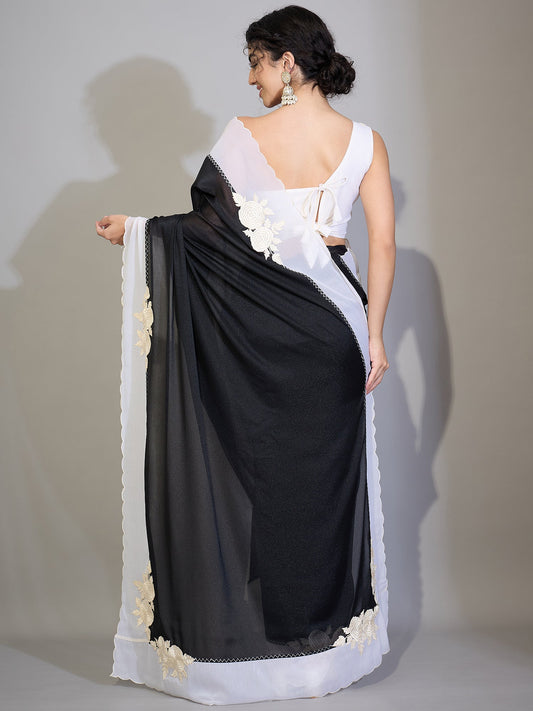 Black Georgette Saree with Contrast White Border - Ressa
