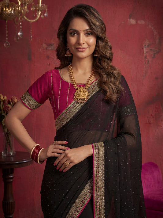 Black Georgette Saree with Embroidered Border - Ressa