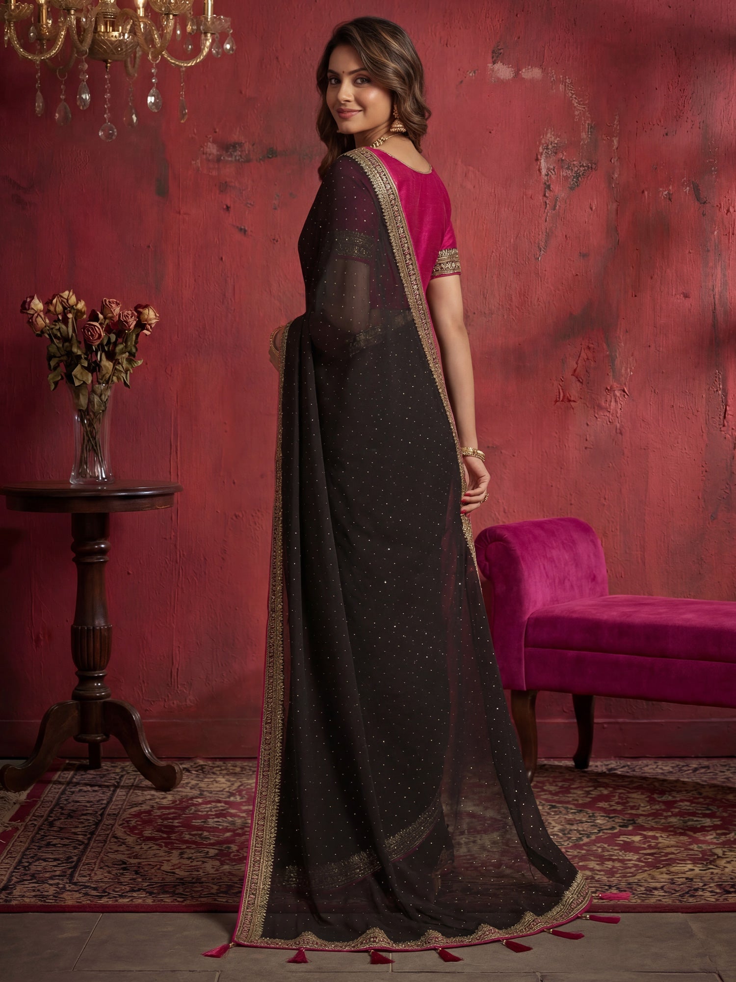 Black Georgette Saree with Embroidered Border - Ressa